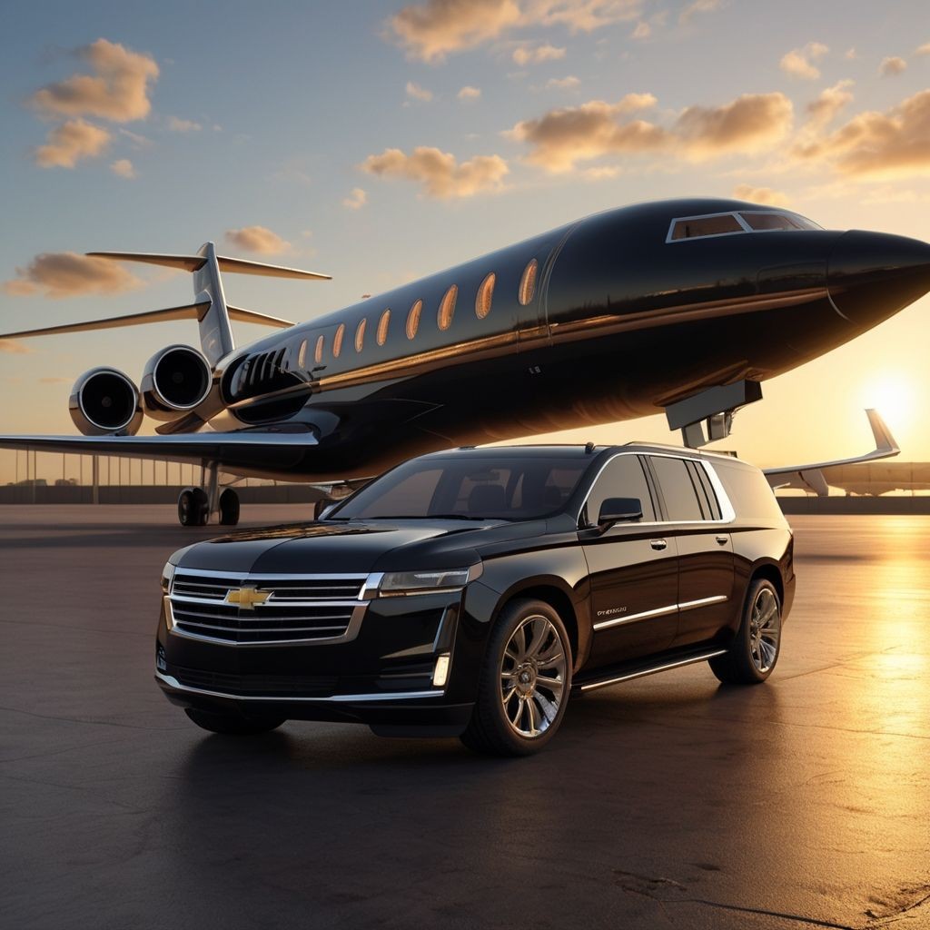 Black SUV parked in front of a private jet on an airport tarmac during sunset.