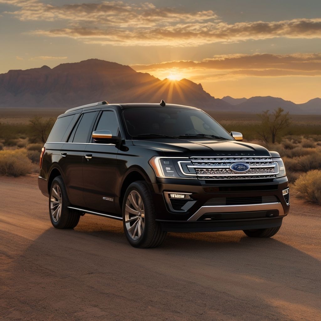 Black SUV on a desert road with mountains and sunset in the background.