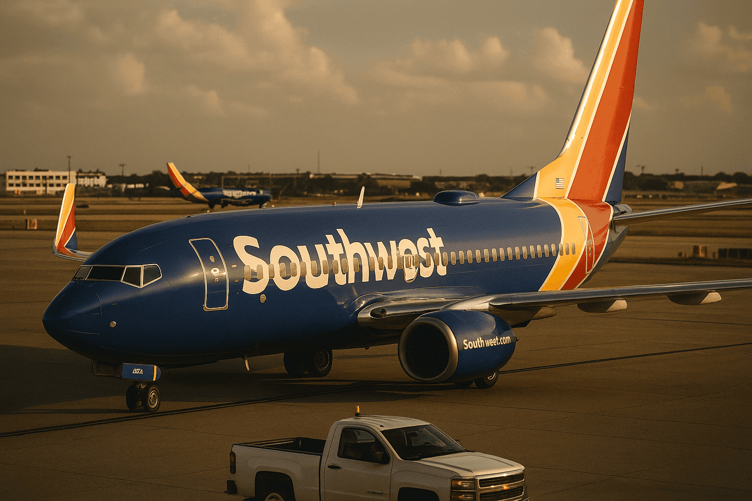 Southwest Airlines jet preparing for boarding at Dallas Love Field Airport with luxury SUV chauffeur service available for private transfers.