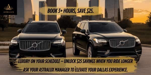 Two luxury SUVs parked with cityscape background, promoting Astra Lux ride savings offer.