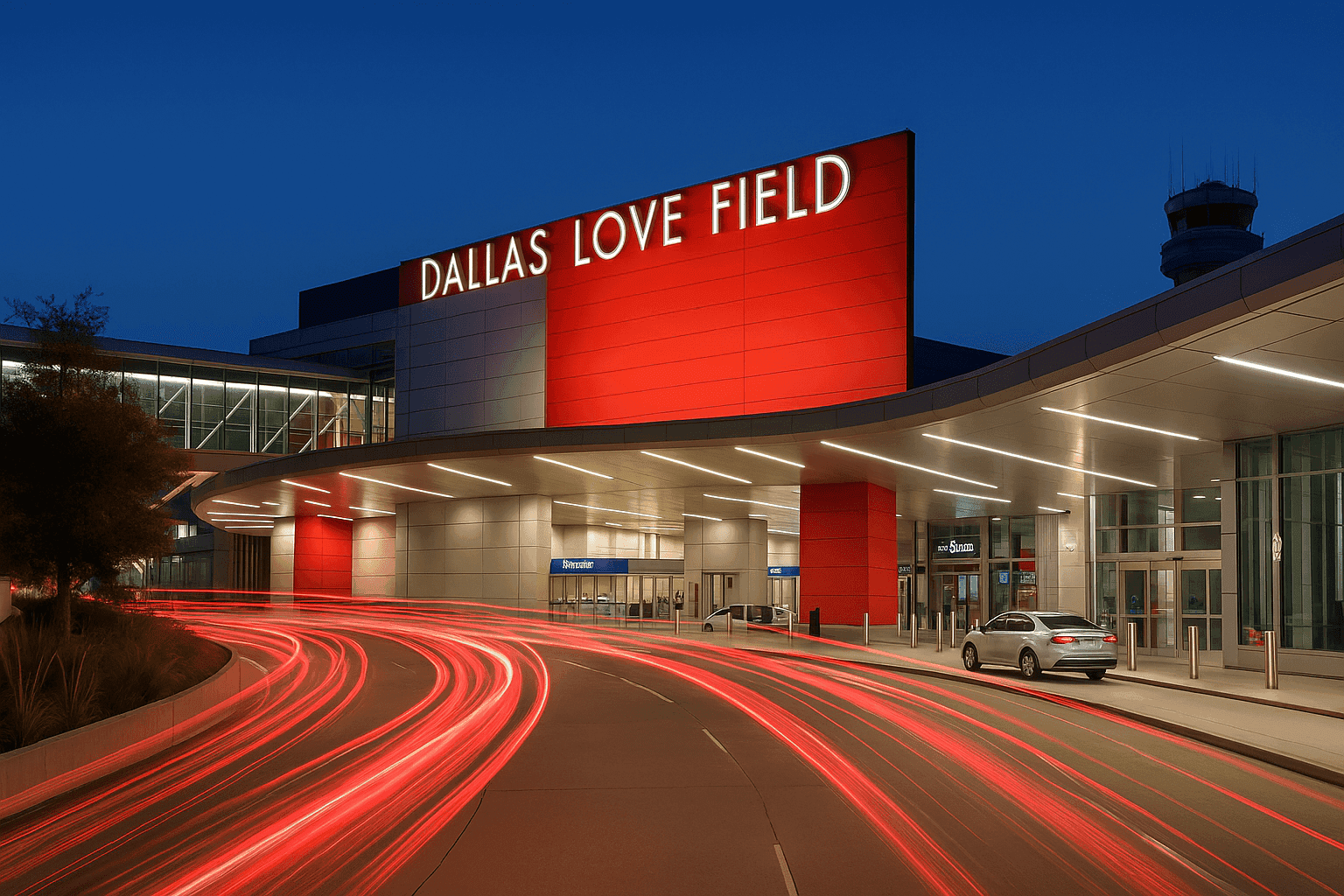 Dallas Love Field Airport terminal exterior illuminated at dusk, with private black SUV transfer service for business and leisure travelers.